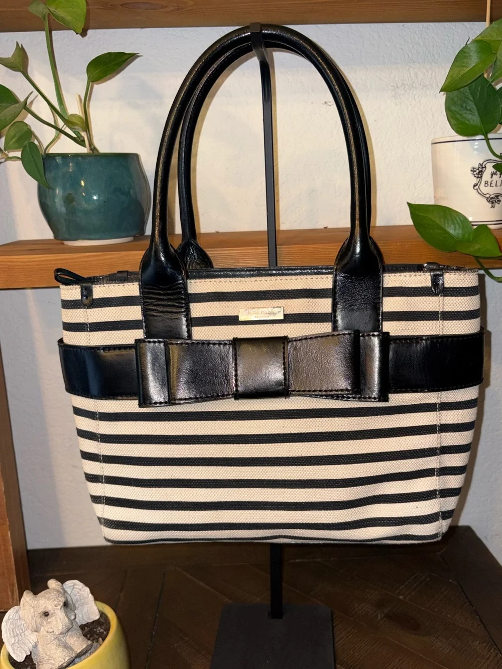 Kate Spade Quinn Villabella Black Cream Striped Canvas Bow Tote